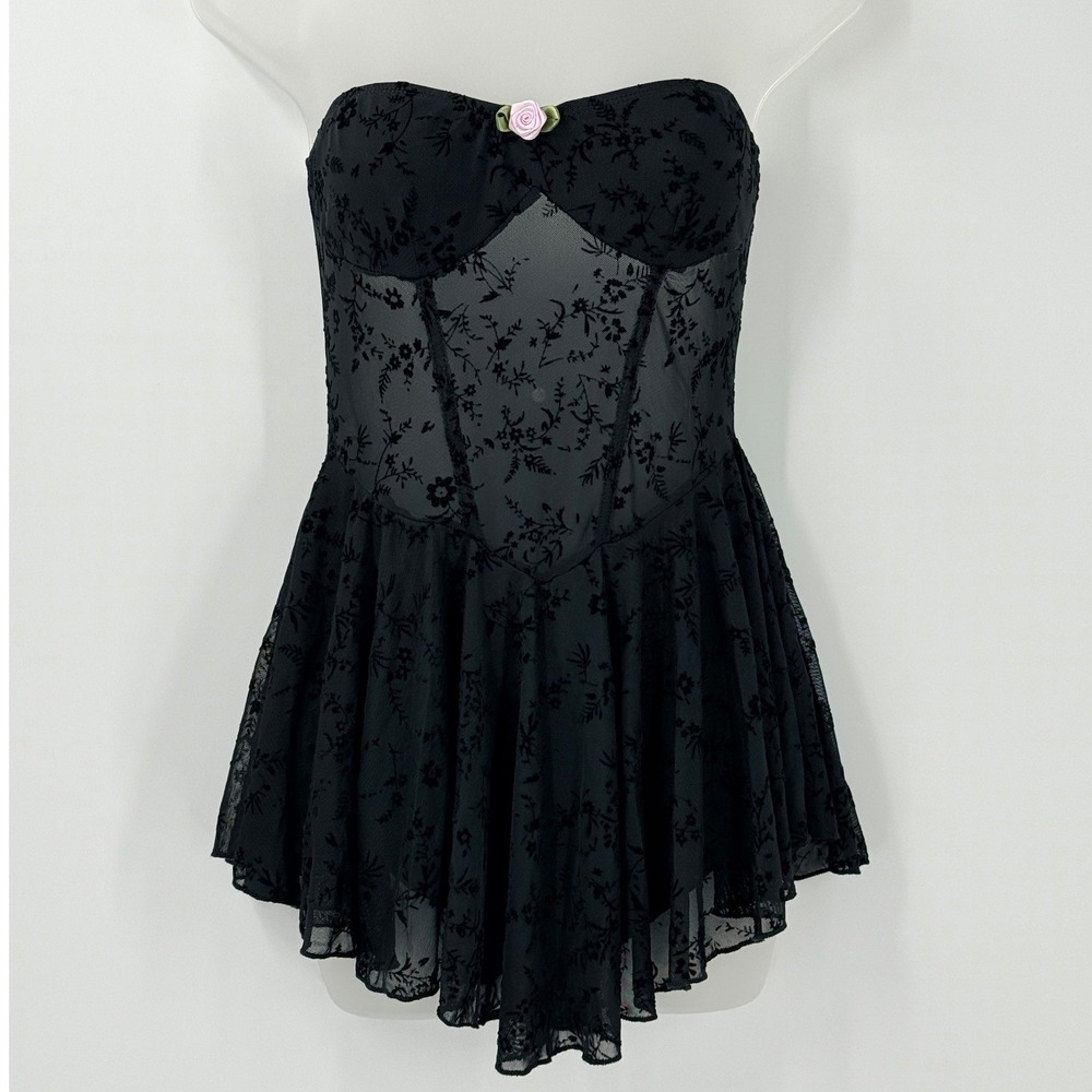 Whimsigoth Black Velvet Burnout Mesh Strapless skort dress M fairy coquette club